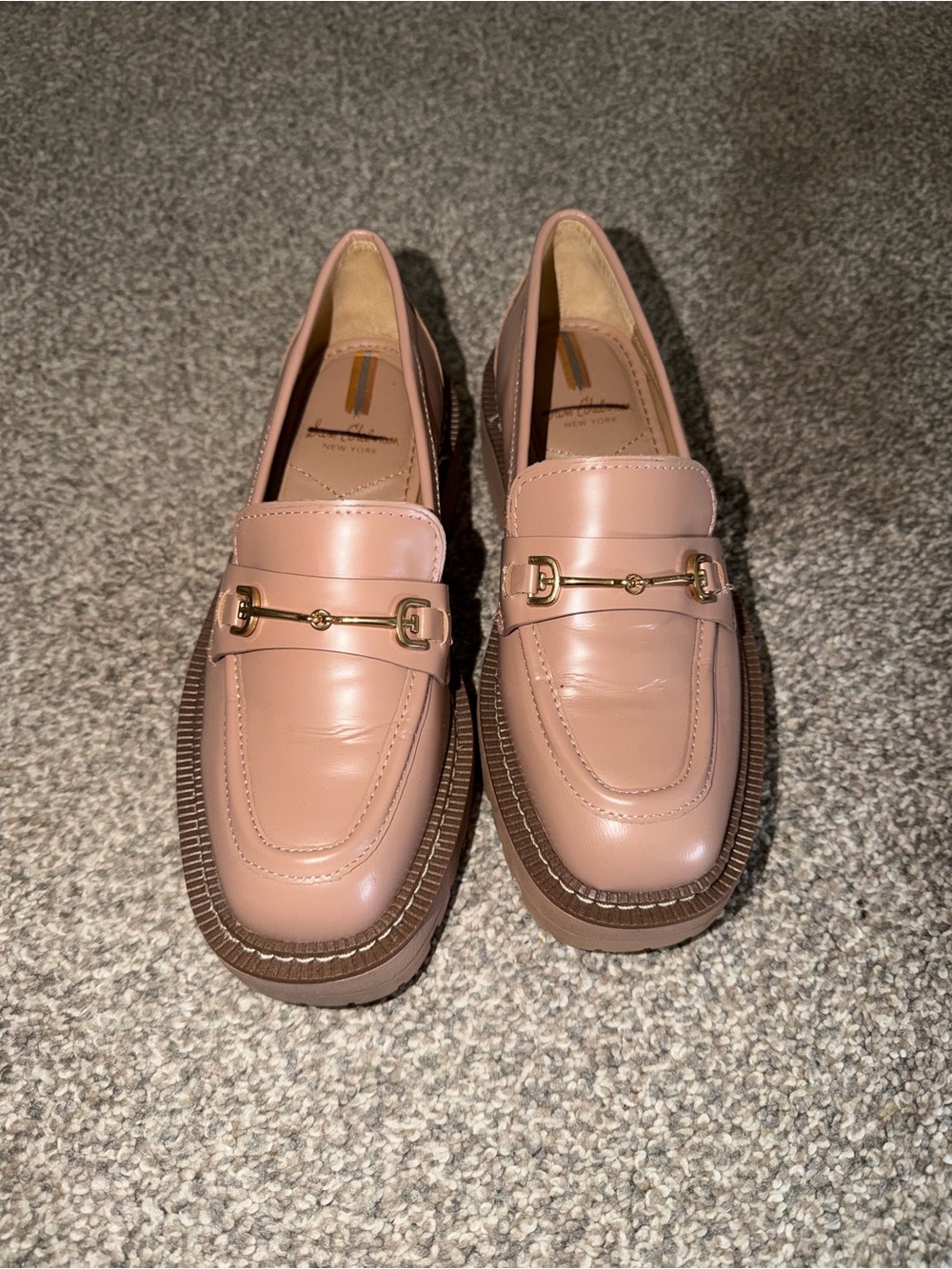 Leather Pink Women’s Loafers with Gold Bit Hardware